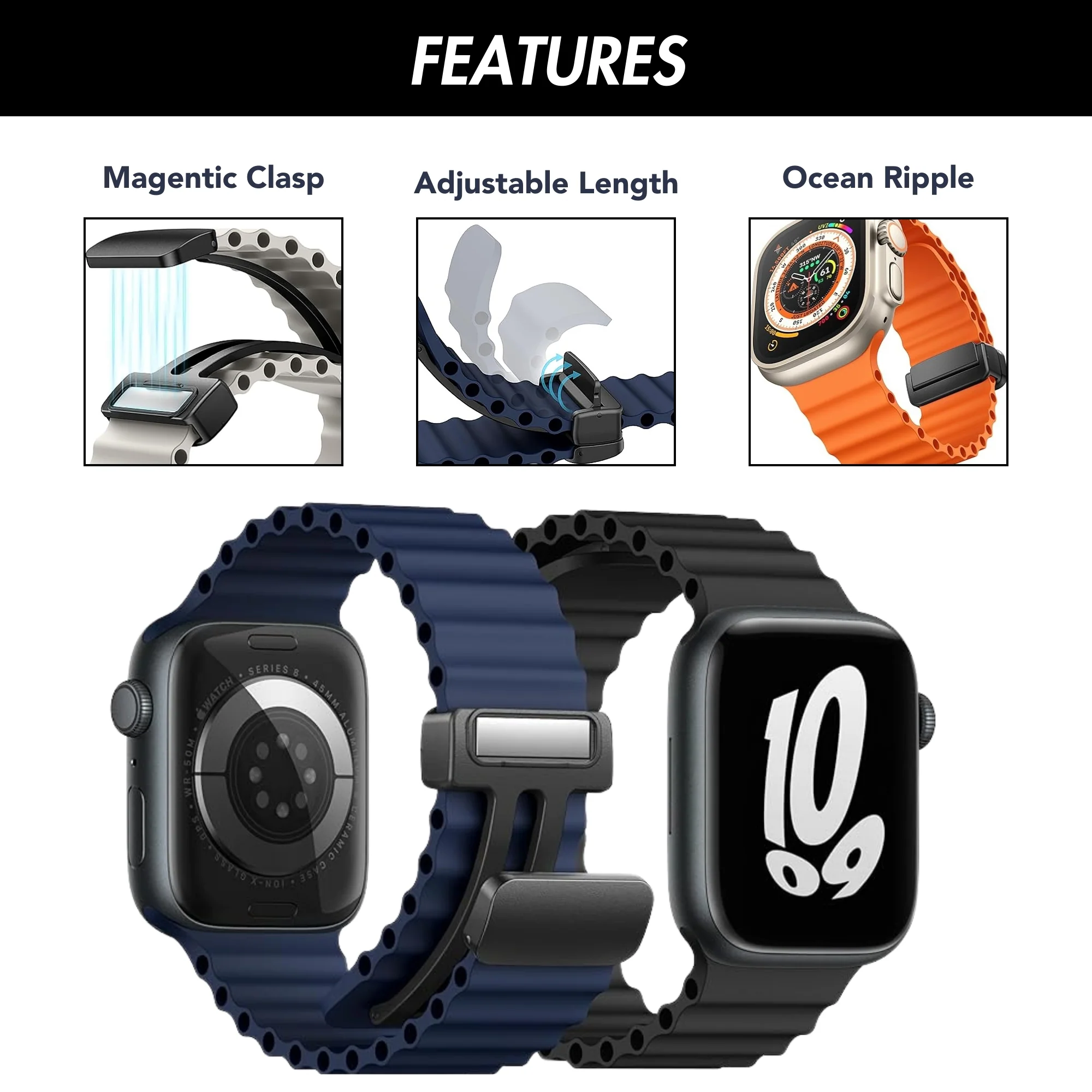 2 Pack - Magnetic Clasp Silicone Ocean Ripple Band for Apple Watch Ultra & Series 9/8/7/6 Black and Blue - 41mm/40mm/38mm |  Dial - Image 2