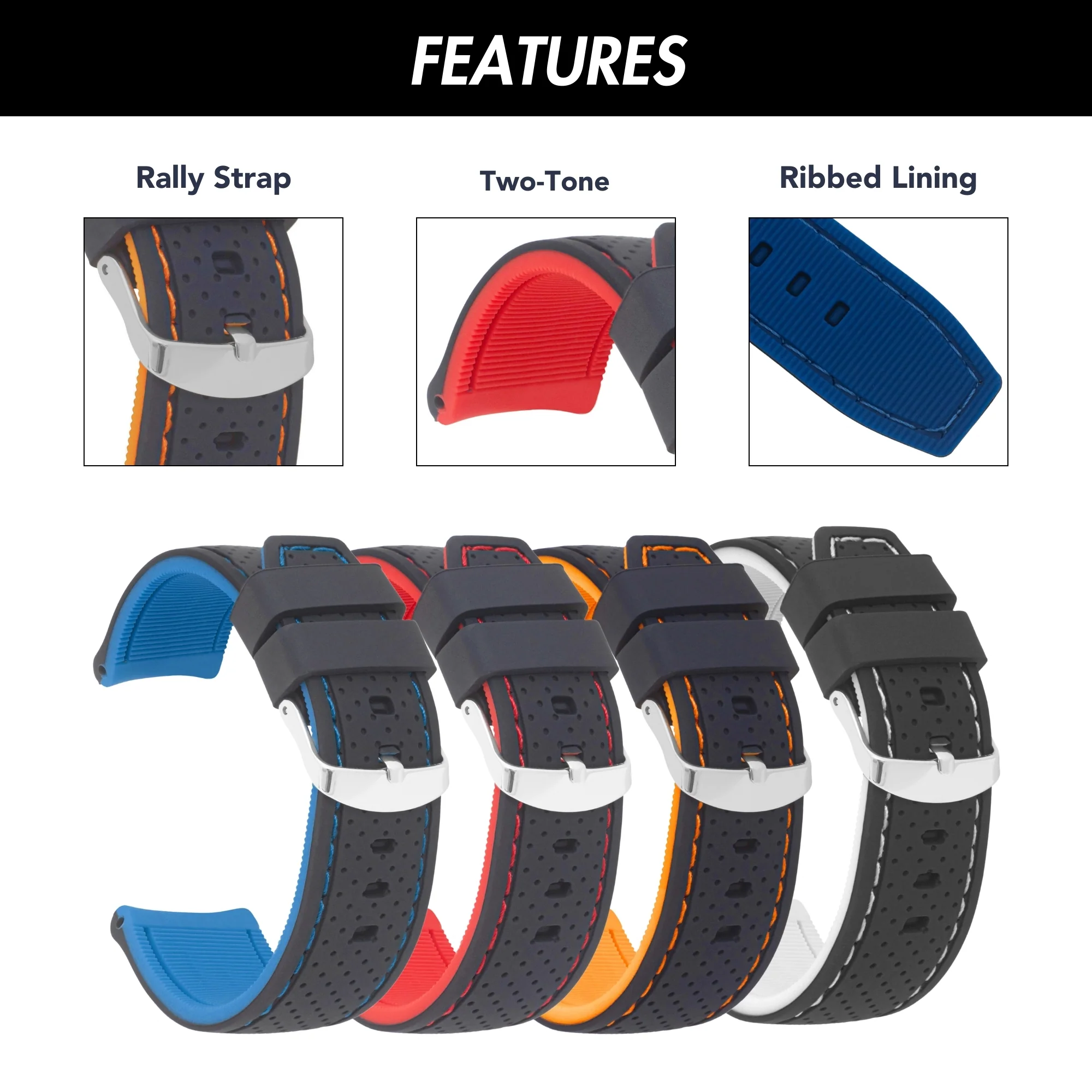 22mm Silicone Rally Strap, Perforated Black / White |  Dial - Image 2