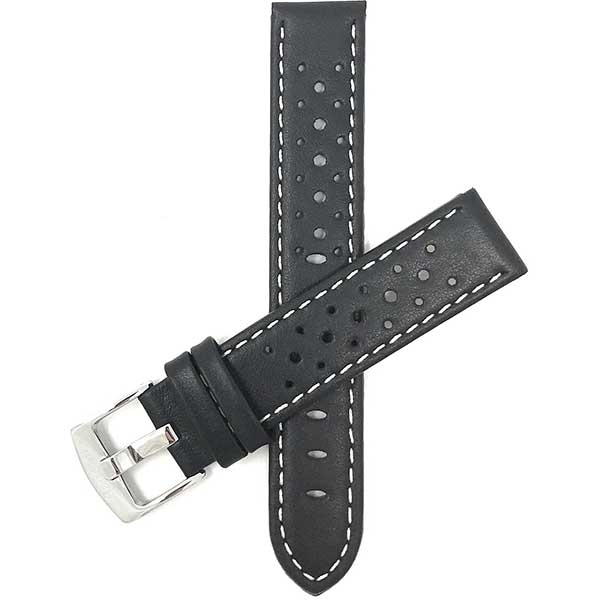 503 | Black and White 22mm Mens Leather Rally Strap, Perforated Racing Watch Band 22mm / Black and White | Dial