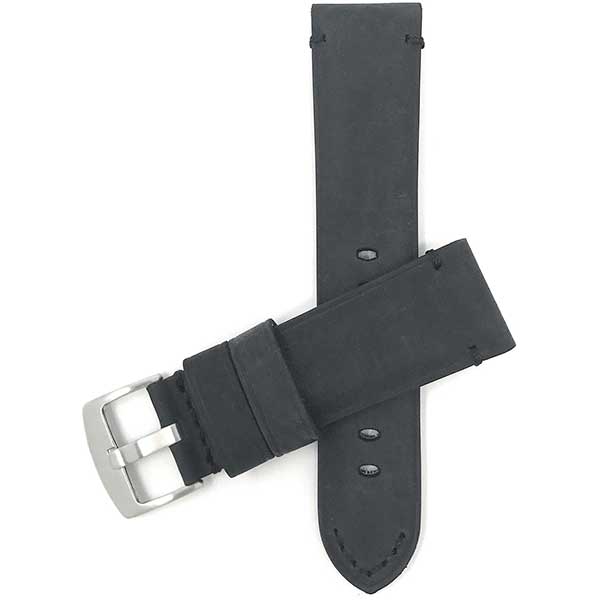 520 | 22mm Black and Black Stitch Mens Distressed Leather Watch Strap, Stitch 22mm / Black and Black Stitch / Silver Buckle | Dial