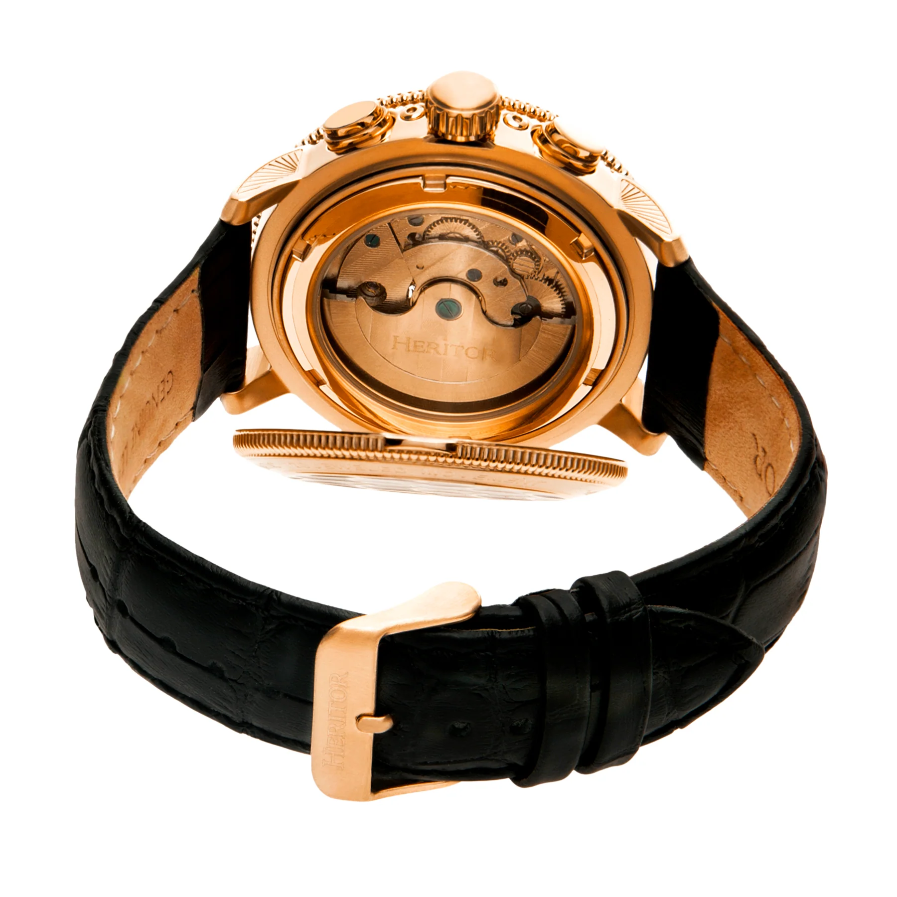 Aura Semi-Skeleton Genuine Leather-Band Watch Rose Gold/Black | Multi-colored Dial - Image 3