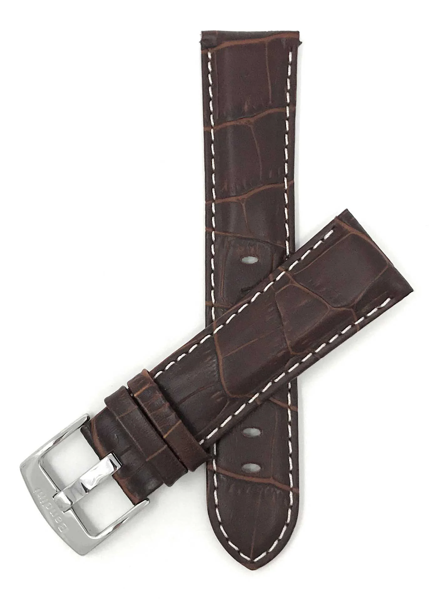 Bandini 18mm Brown Italian Leather Watch Band - Alligator Pattern - White Stitch - Semi-Padded 18mm / Brown / Silver Buckle | Dial