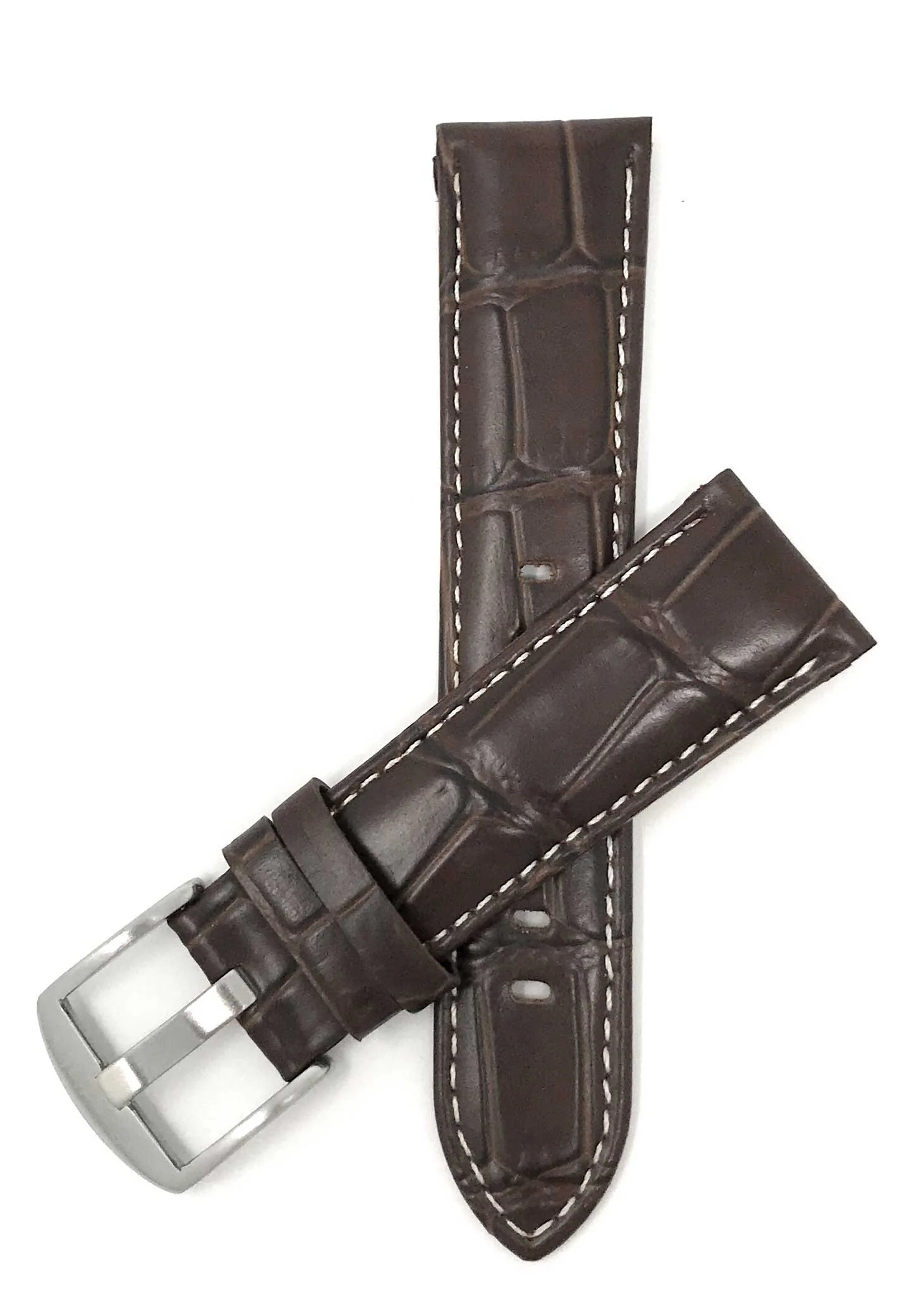 Bandini 18mm Brown Italian Leather Watch Band - Crocodile Pattern - White Stitch - Semi-Padded 18mm / Brown / Silver Buckle | Dial