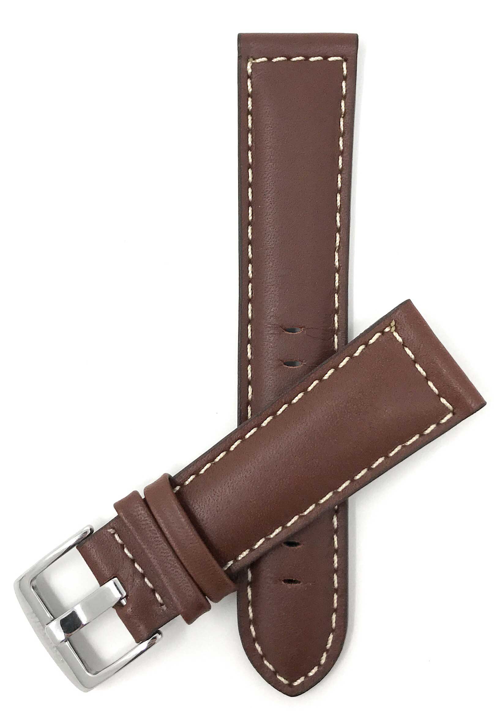 Bandini 18mm Extra long - Light Brown Leather Watch Band - Classic - Padded - White Stitch 18mm Extra long / Light Brown / Silver Buckle | Dial