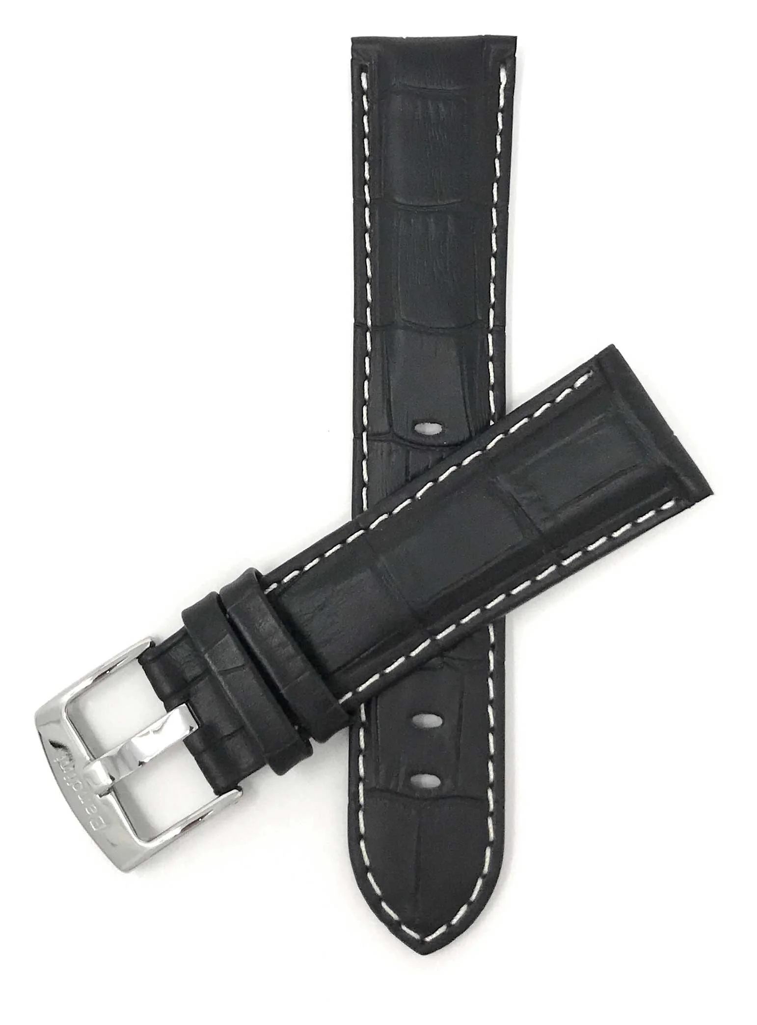 Bandini 20mm Black Italian Leather Watch Band - Alligator Pattern - White Stitch - Semi-Padded 20mm / Black / Silver Buckle | Dial