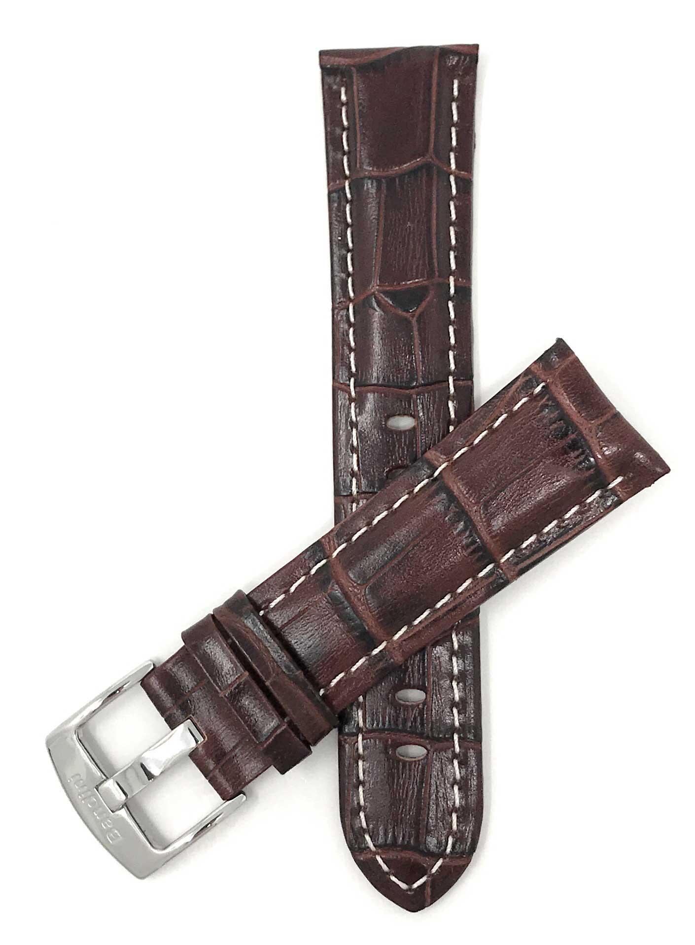 Bandini 20mm Brown Italian Leather Watch Band - Alligator Pattern - Semi-Padded - White Stitch - Glossy 20mm / Brown / Silver Buckle |  Dial