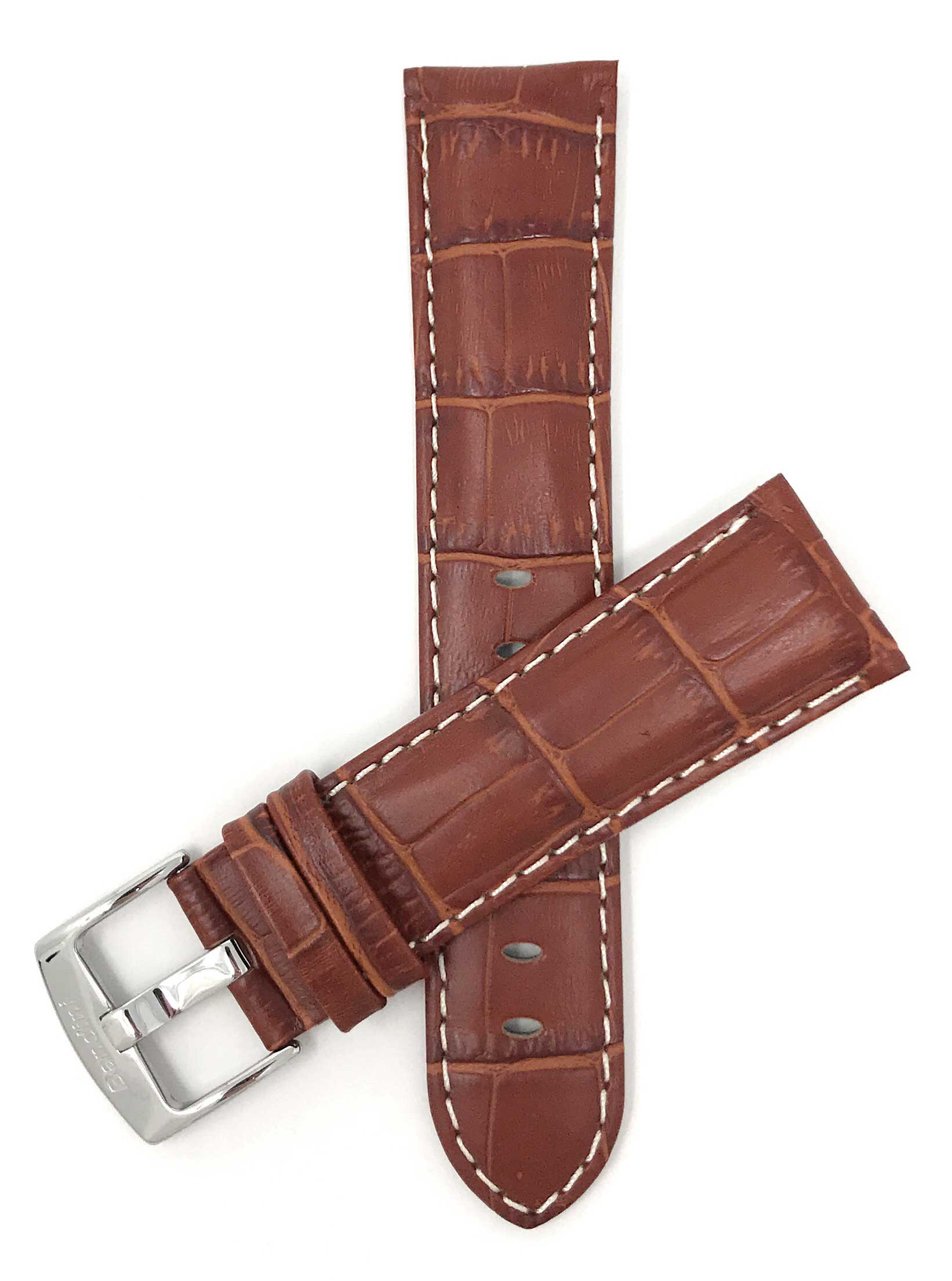 Bandini 20mm Dark Tan Italian Leather Watch Band - Alligator Pattern - White Stitch -  Semi-Padded 20mm / Dark Tan / Silver Buckle |  Dial