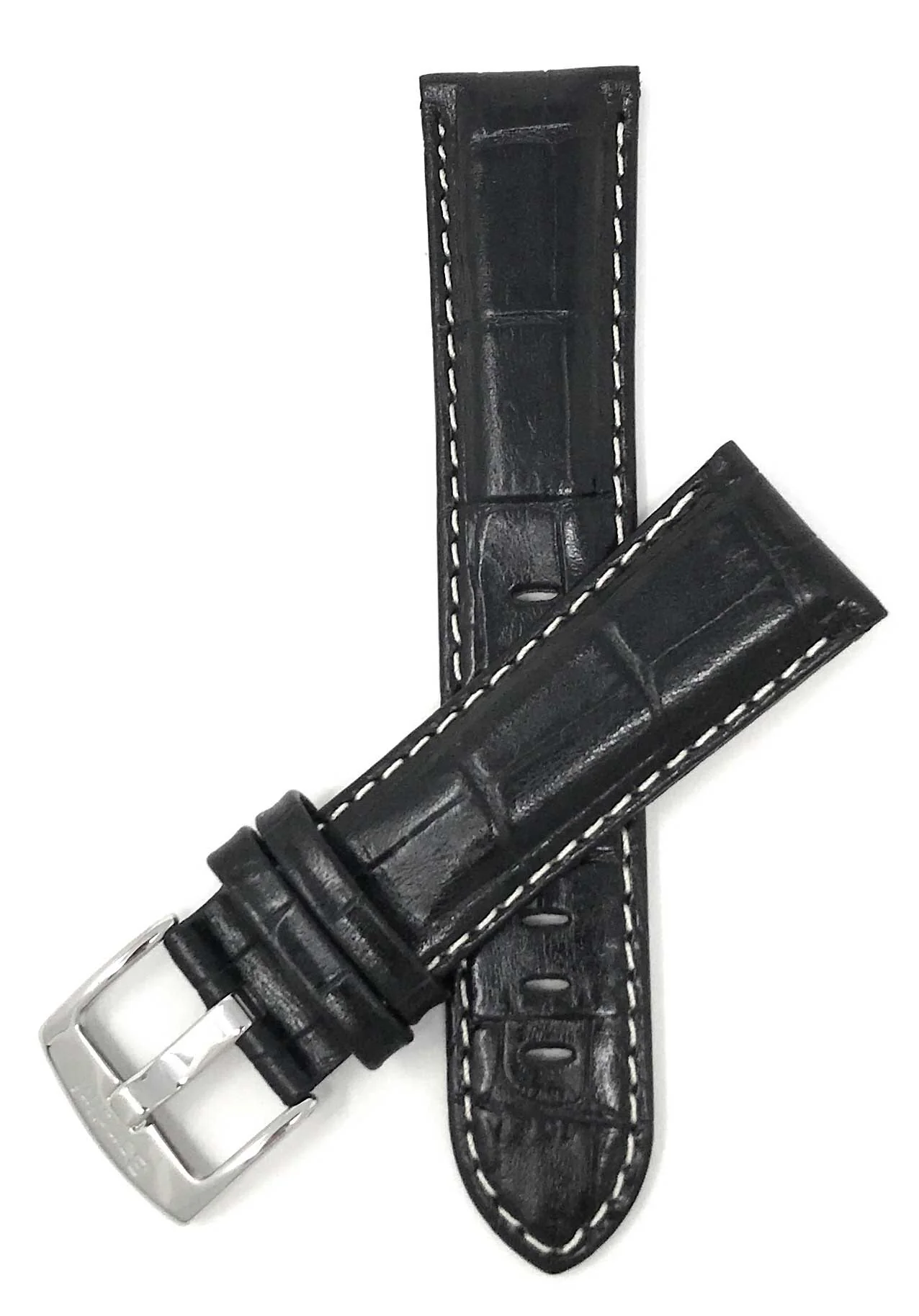 Bandini 20mm Extra long - Black Leather Watch Band - Alligator Pattern - White Stitch - Glossy 20mm Extra long / Black / Silver Buckle | Dial