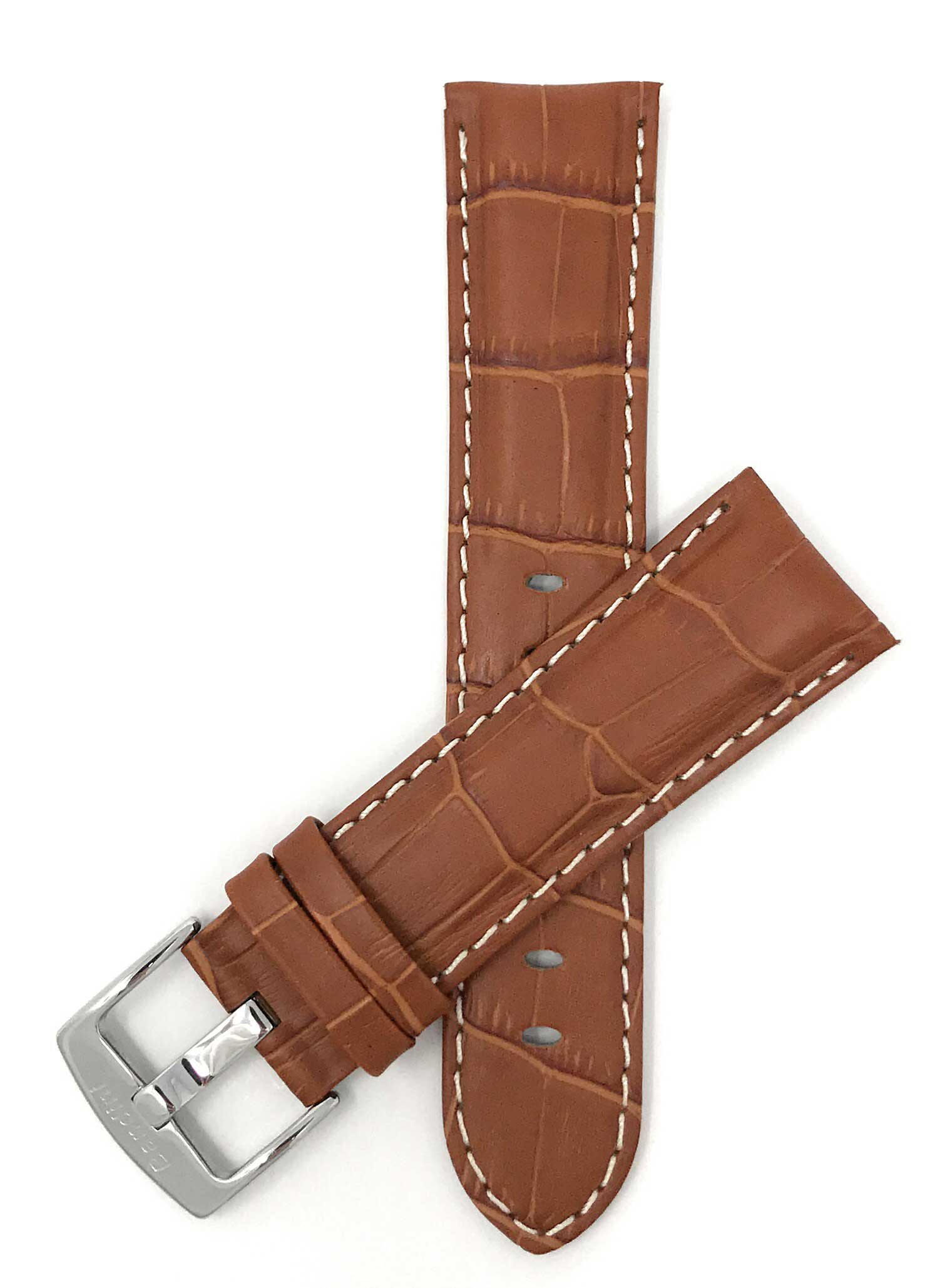 Bandini 20mm Tan Italian Leather Watch Band - Alligator Pattern - White Stitch - Semi-Padded 20mm / Tan / Silver Buckle | Dial