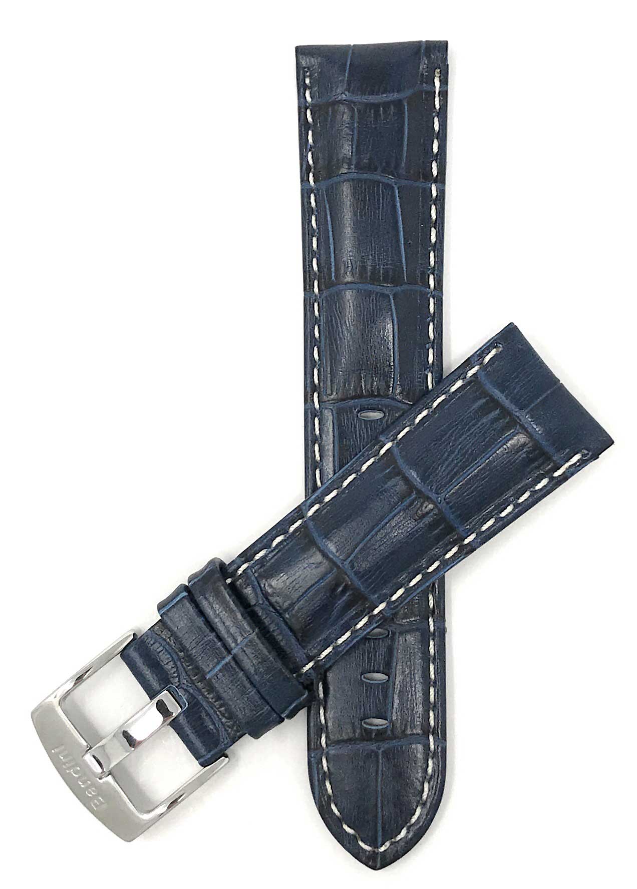 Bandini 22mm Extra long - Blue Italian Leather Watch Band - Alligator Pattern - White Stitch - Glossy 22mm Extra long / Blue / Silver Buckle | Dial
