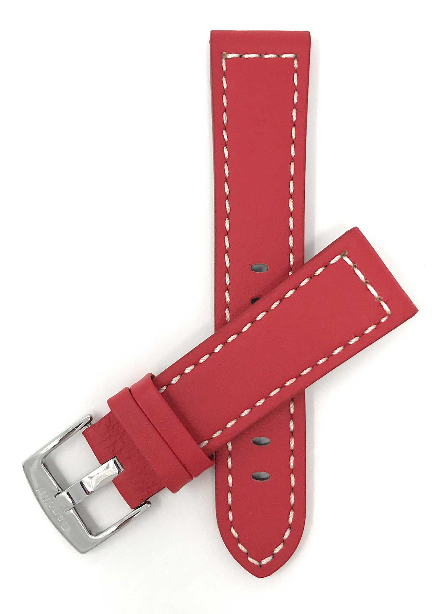 Bandini 22mm Red Italian Leather Watch Band - Racer - White Stitch - Padded 22mm / Red / Silver Buckle | Dial