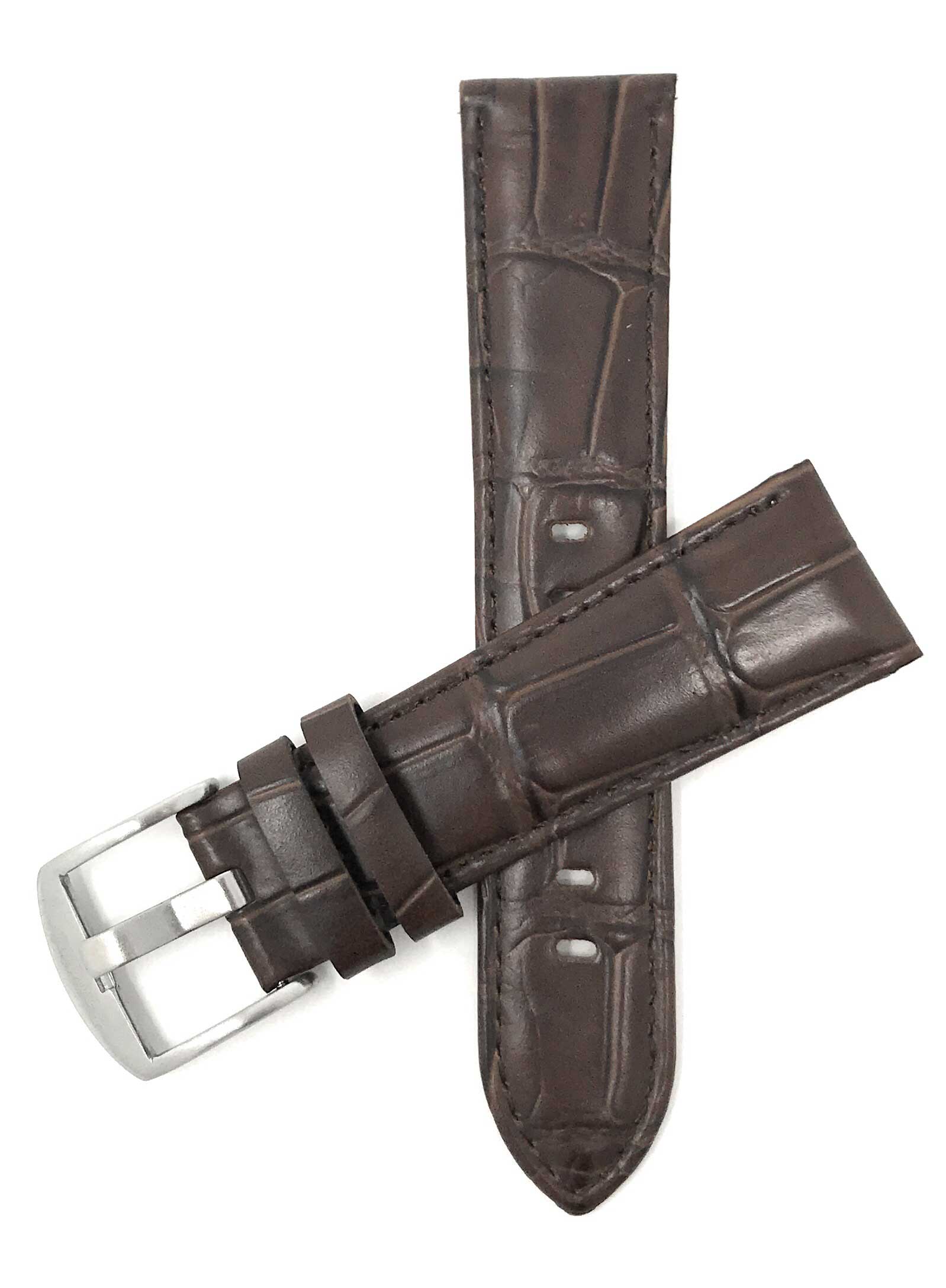 Bandini 24mm Brown Italian Leather Watch Band - Crocodile Pattern - Semi-Padded 24mm / Brown / Silver Buckle | Dial