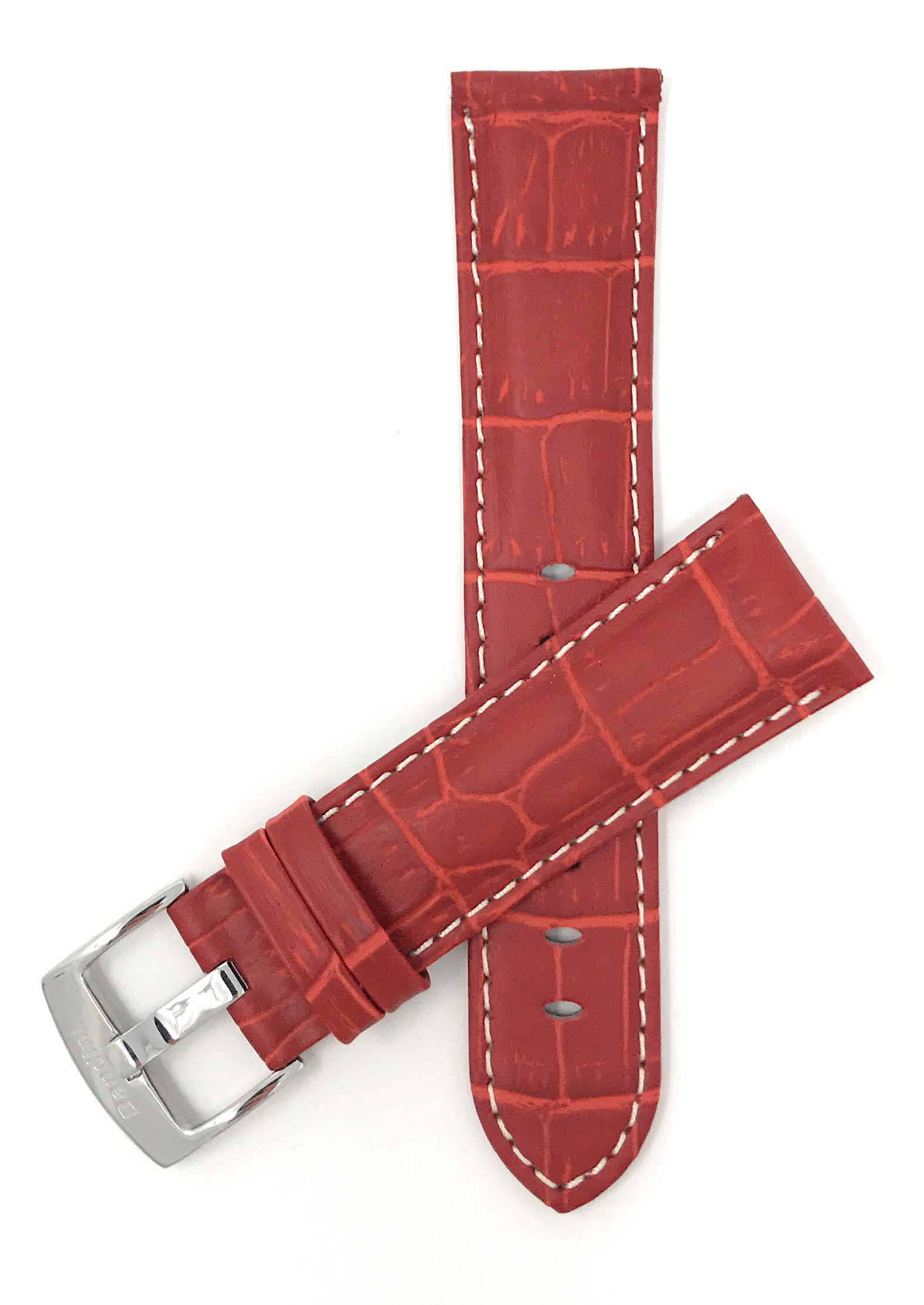 Bandini 24mm Red Italian Leather Watch Band - Alligator Pattern - White Stitch - Semi-Padded 24mm / Red / Silver Buckle | Dial