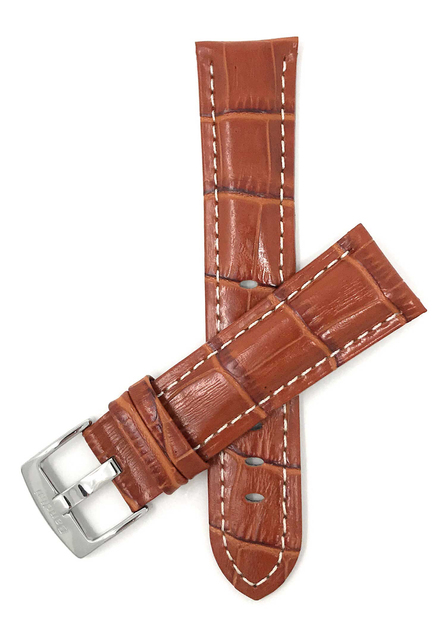 Bandini 24mm Tan Italian Leather Watch Band - Alligator Pattern - Semi-Padded White Stitch - Glossy 24mm / Tan / Silver Buckle | Dial