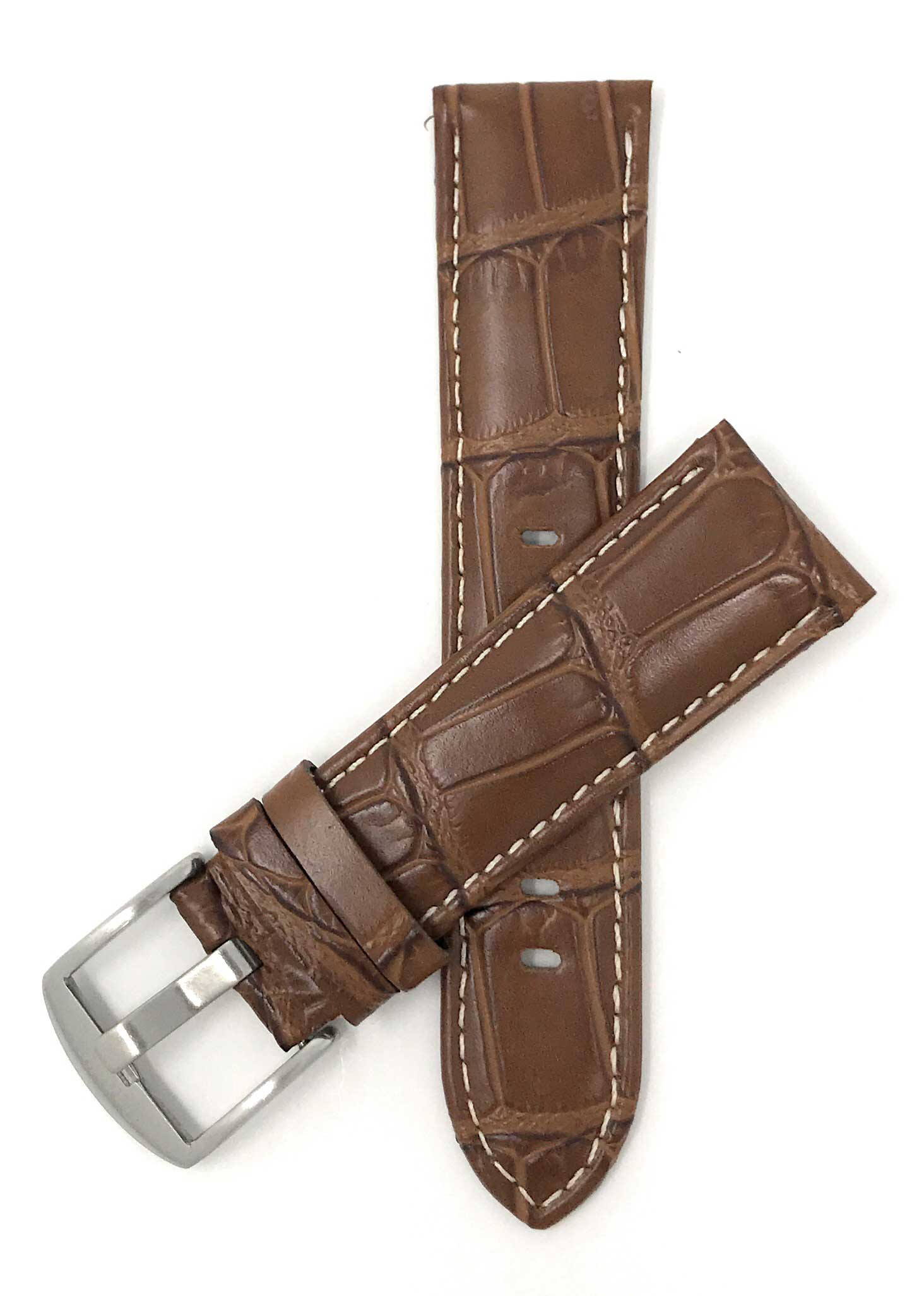 Bandini 24mm Tan Italian Leather Watch Band - Crocodile Pattern - White Stitch - Semi-Padded 24mm / Tan / Silver Buckle | Dial