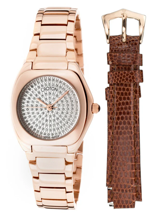 Croton Unisex Rose Gold tone Cushion Case Silvertone Textured Dial Dress Bracelet Watch with Interchangeable Leather Strap