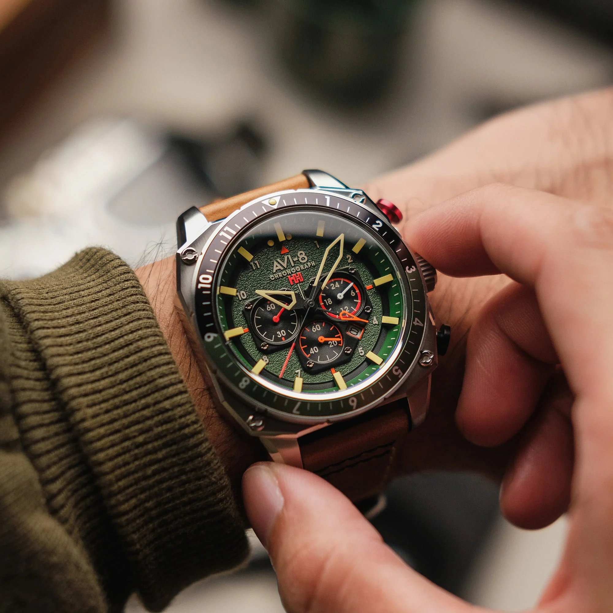 Hawker Hunter Atlas Dual Time Chronograph Green / Leather | Green Dial - Image 21
