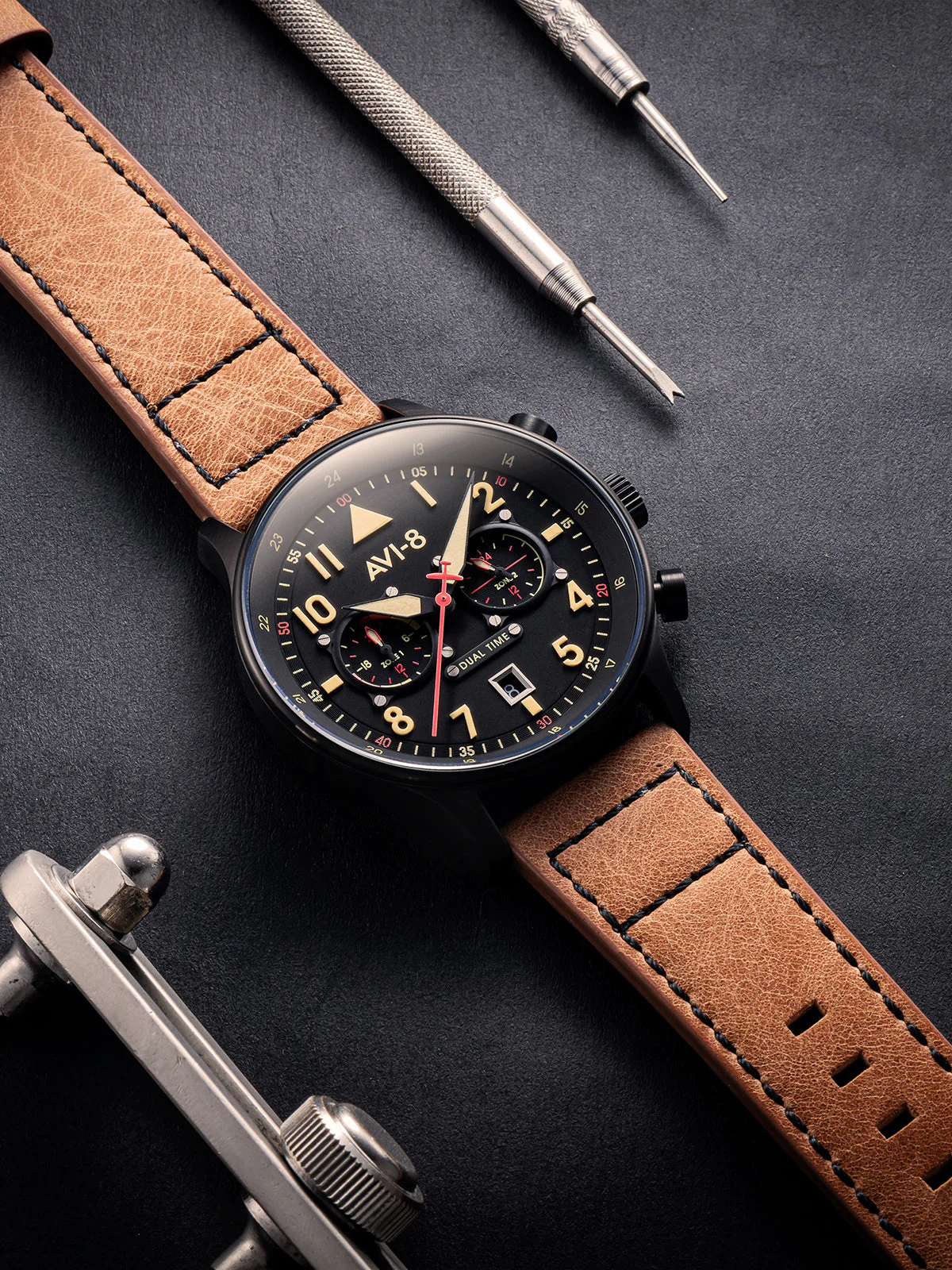 Hawker Hurricane Carey Dual Time Black Dial / Leather | Dial - Image 9