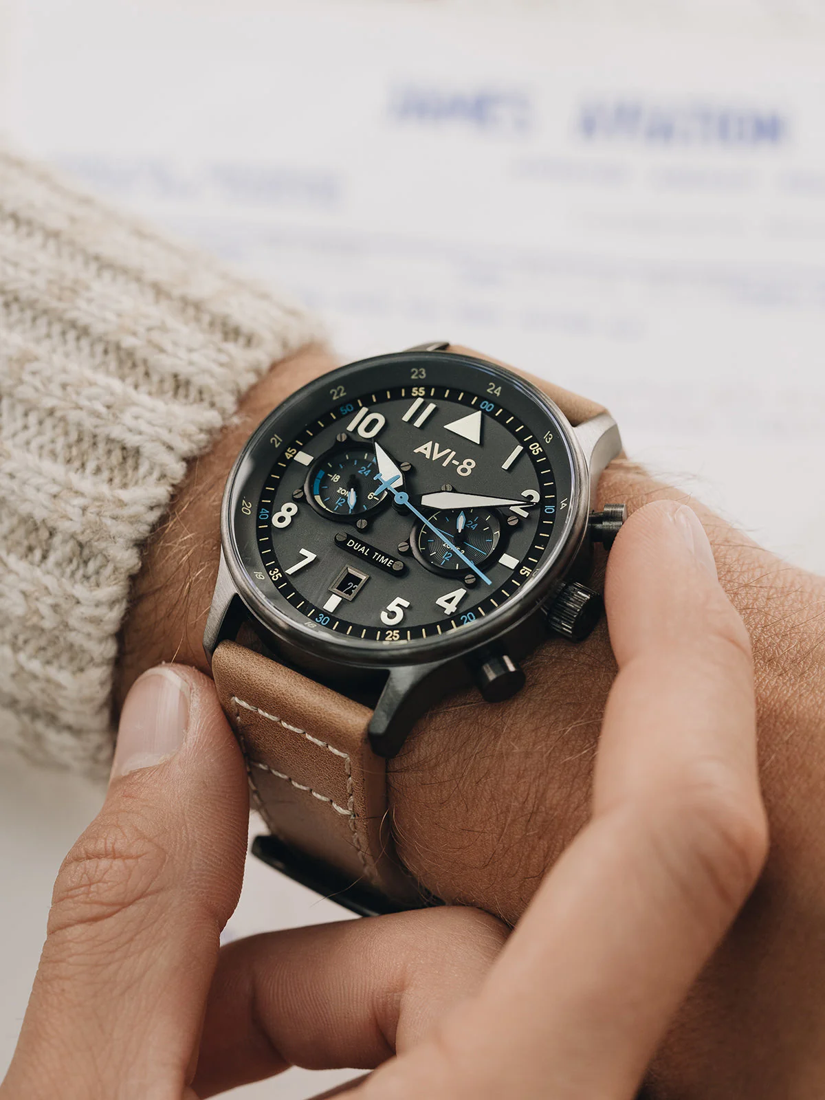 Hawker Hurricane Carey Dual Time Gray / Leather | Gray Dial - Image 3