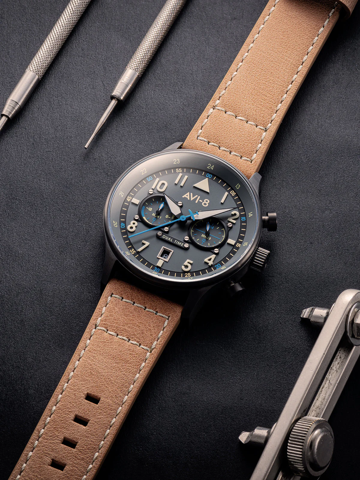 Hawker Hurricane Carey Dual Time Gray / Leather | Gray Dial - Image 9