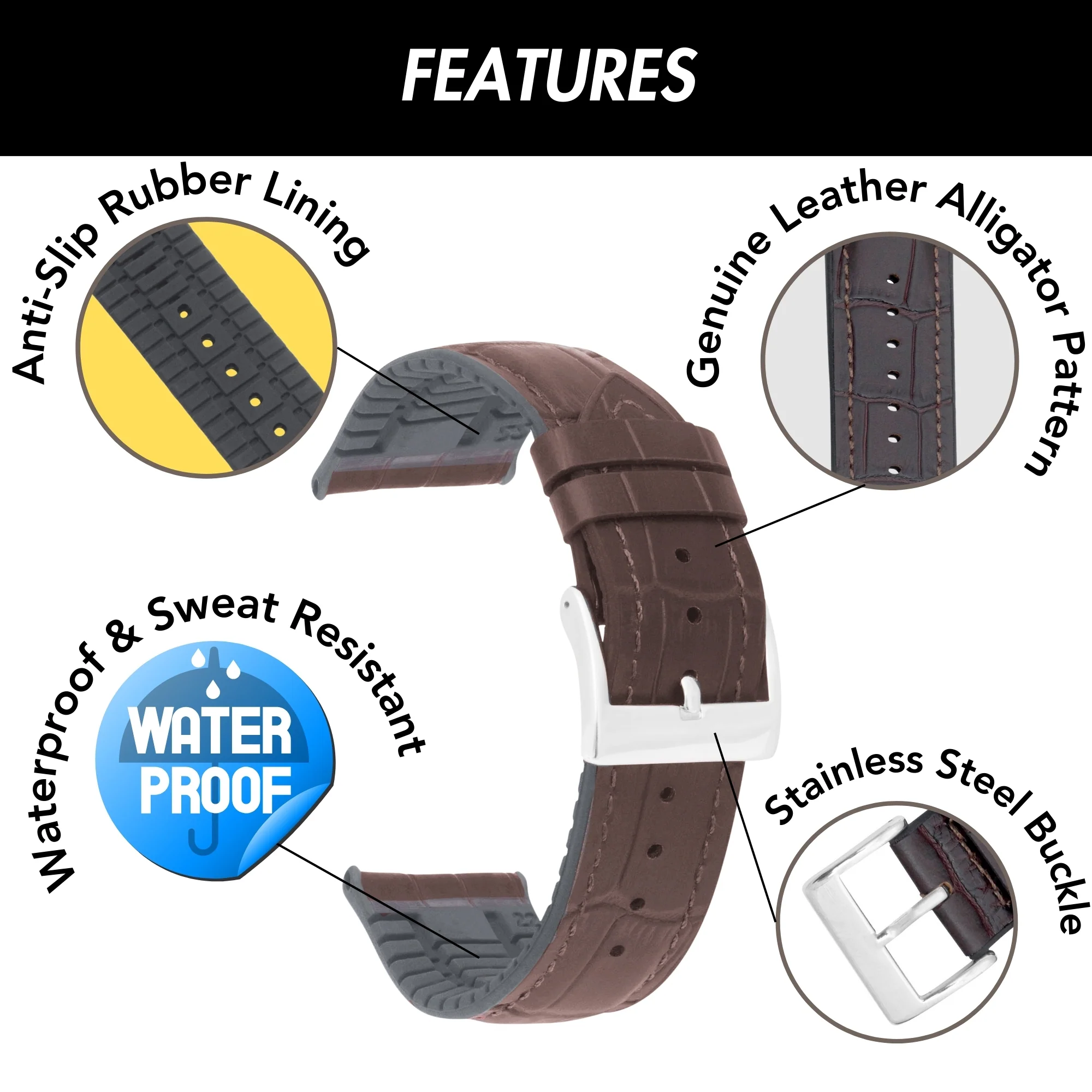 Hybrid Watch Band, Leather / Rubber Lining - Alligator Pattern Black / 22mm | Dial - Image 3