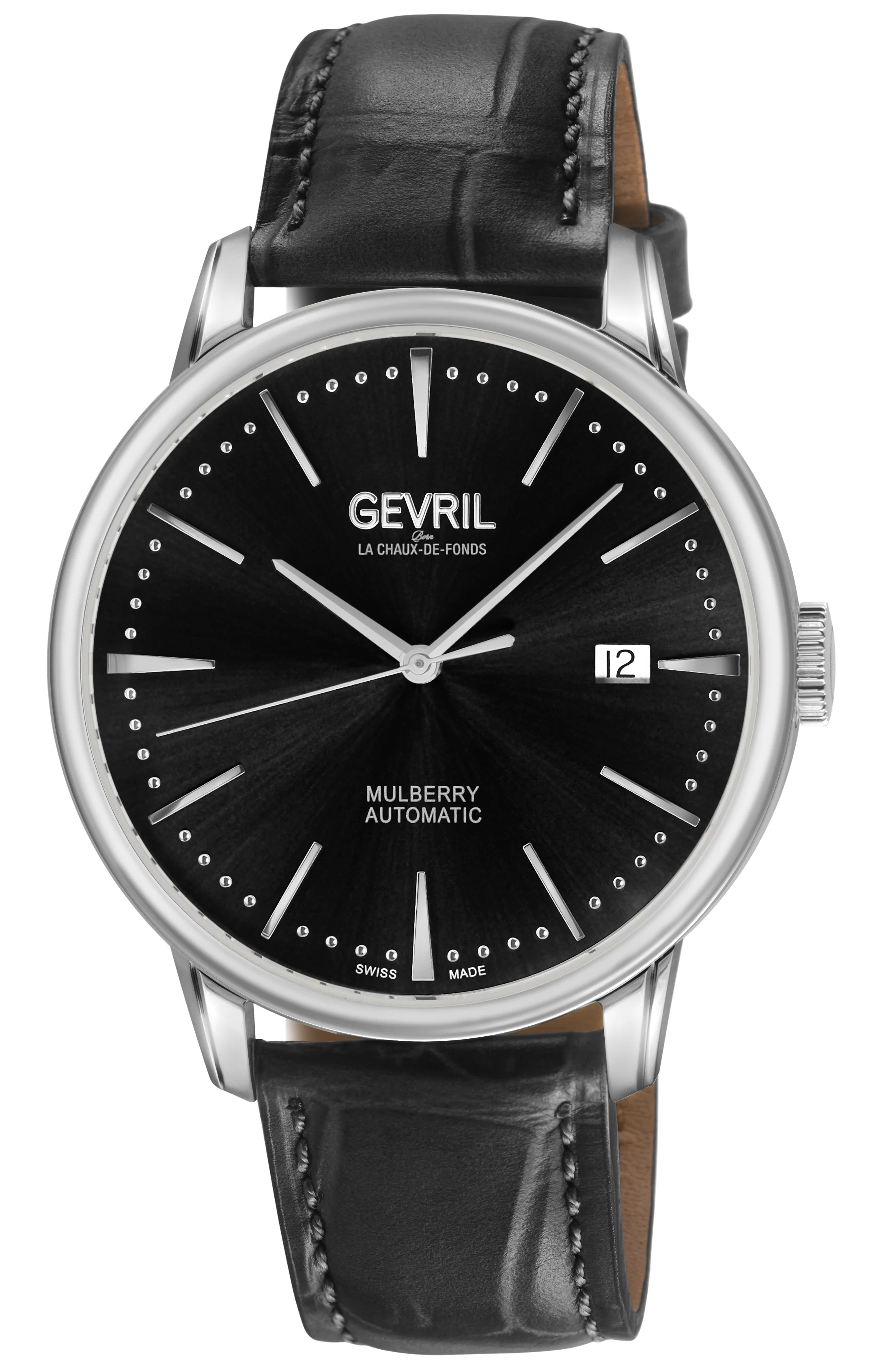 Mulberry Gevril Men's Mulberry SS Case,SS Bezel, Black Dial with embossed textured, Black Handmade Italian Leather Strap | Black Dial Dial