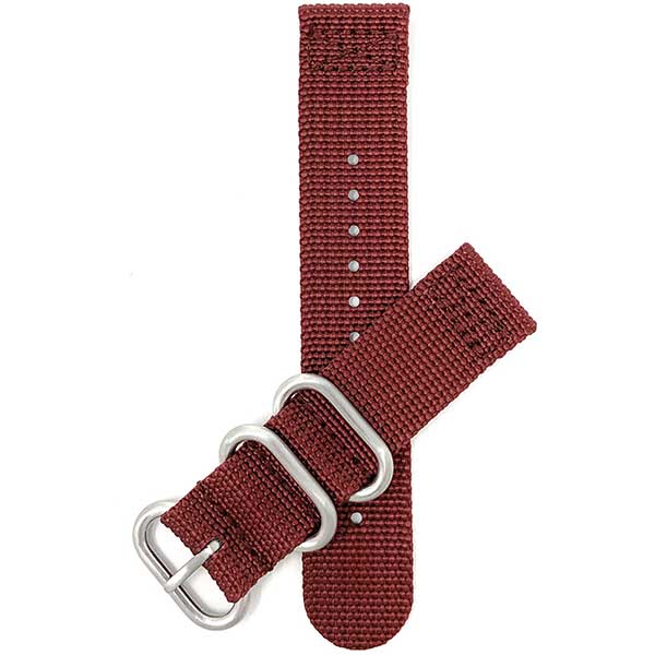 NYL200 | 20mm Burgundy Nylon Nato Style Watch Band, 2 Piece Strap, Loop Buckles 20mm / Burgundy / Silver Buckle |  Dial