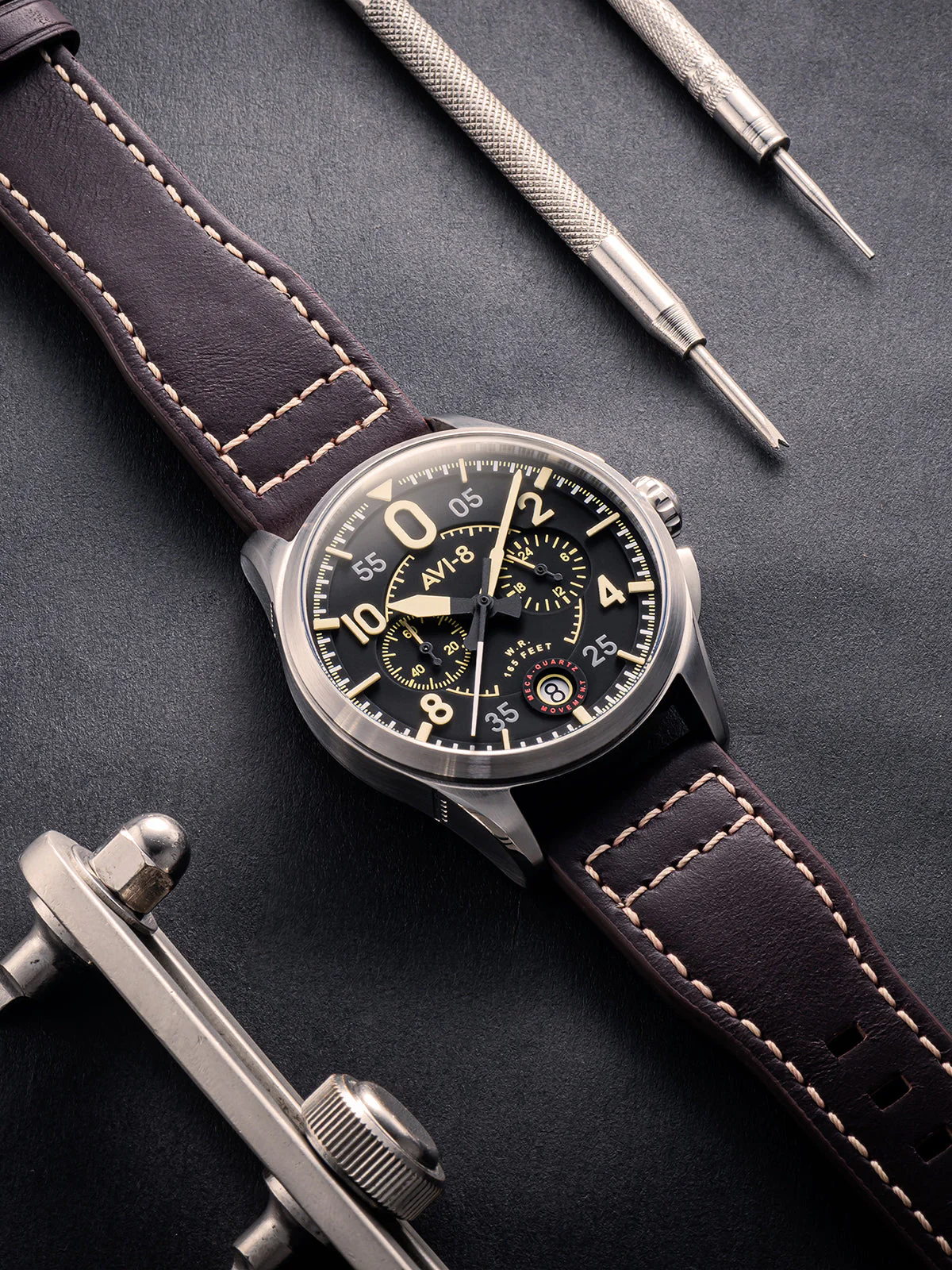 Spitfire Lock Chronograph Watch Black / Brown / Leather | Black Dial - Image 10