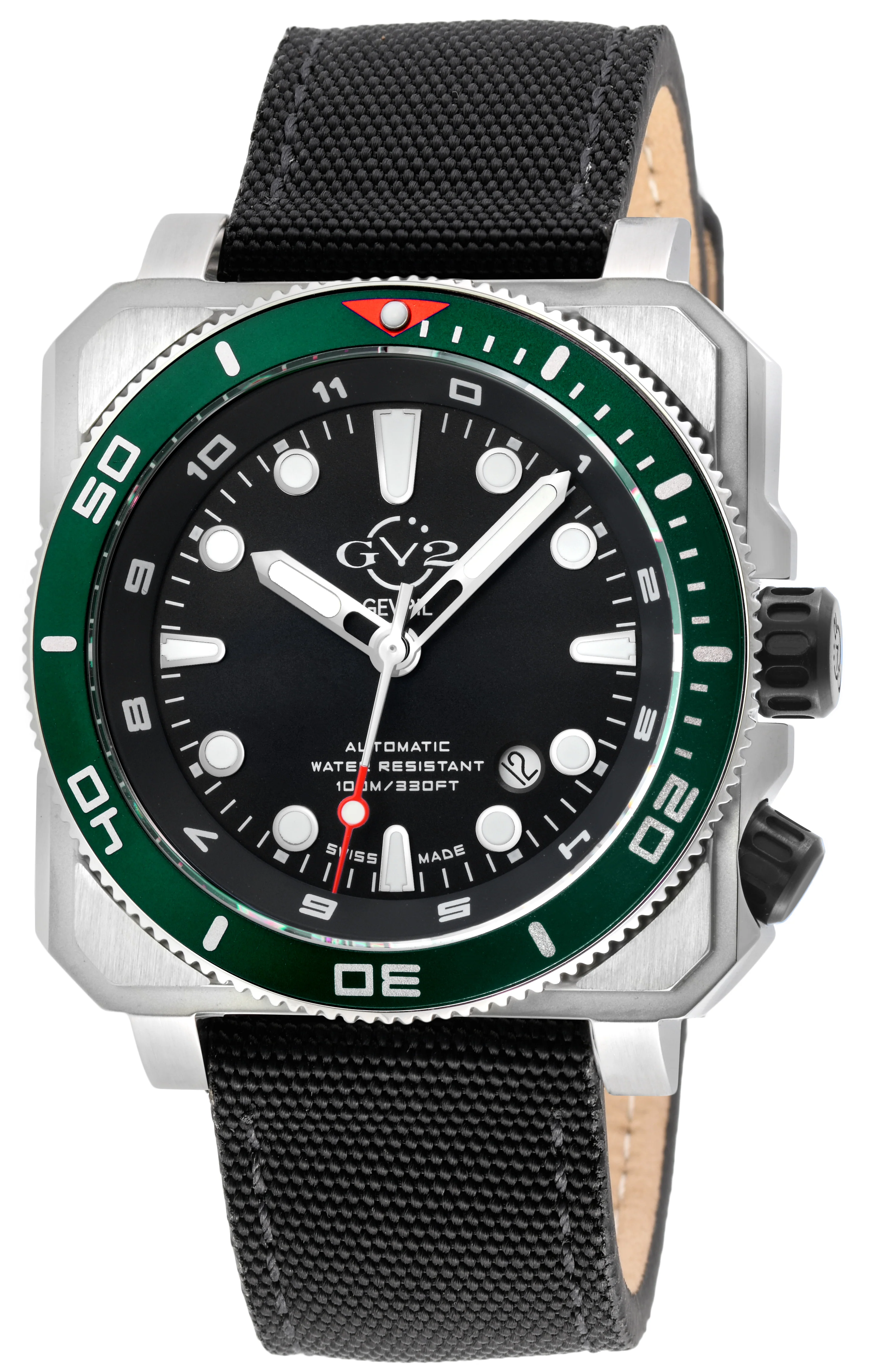 XO Submarine Swiss Made SW200 inner and outer rotating bezel, metal band Black Black/ green bezel | Black Dial