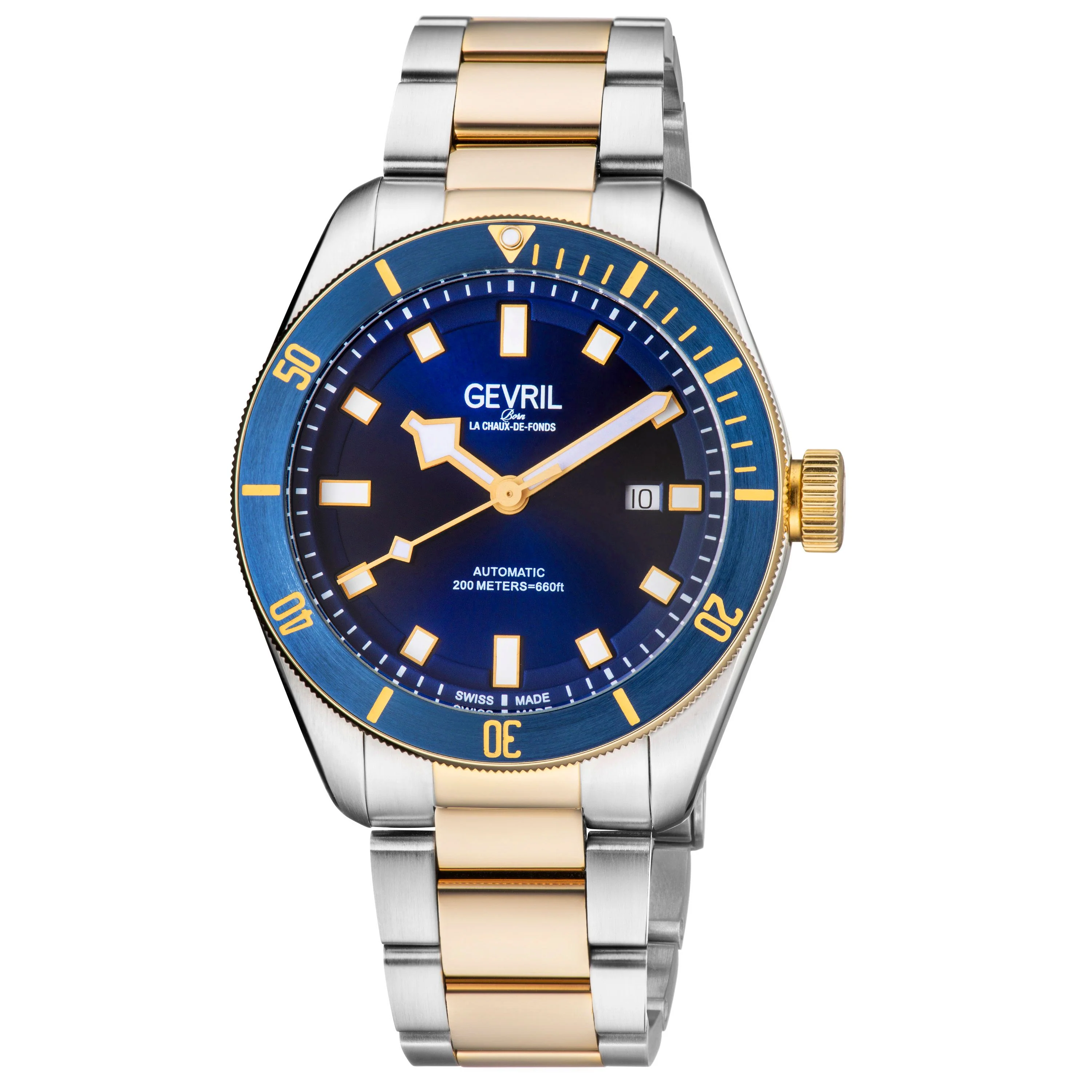 Yorkville Gevril Yorkville Blue Dial Sellita SW200 Swiss Automatic Unidirectional Rotating Bezel Two Tone Bracelet Luminous Watch | Brown Dial